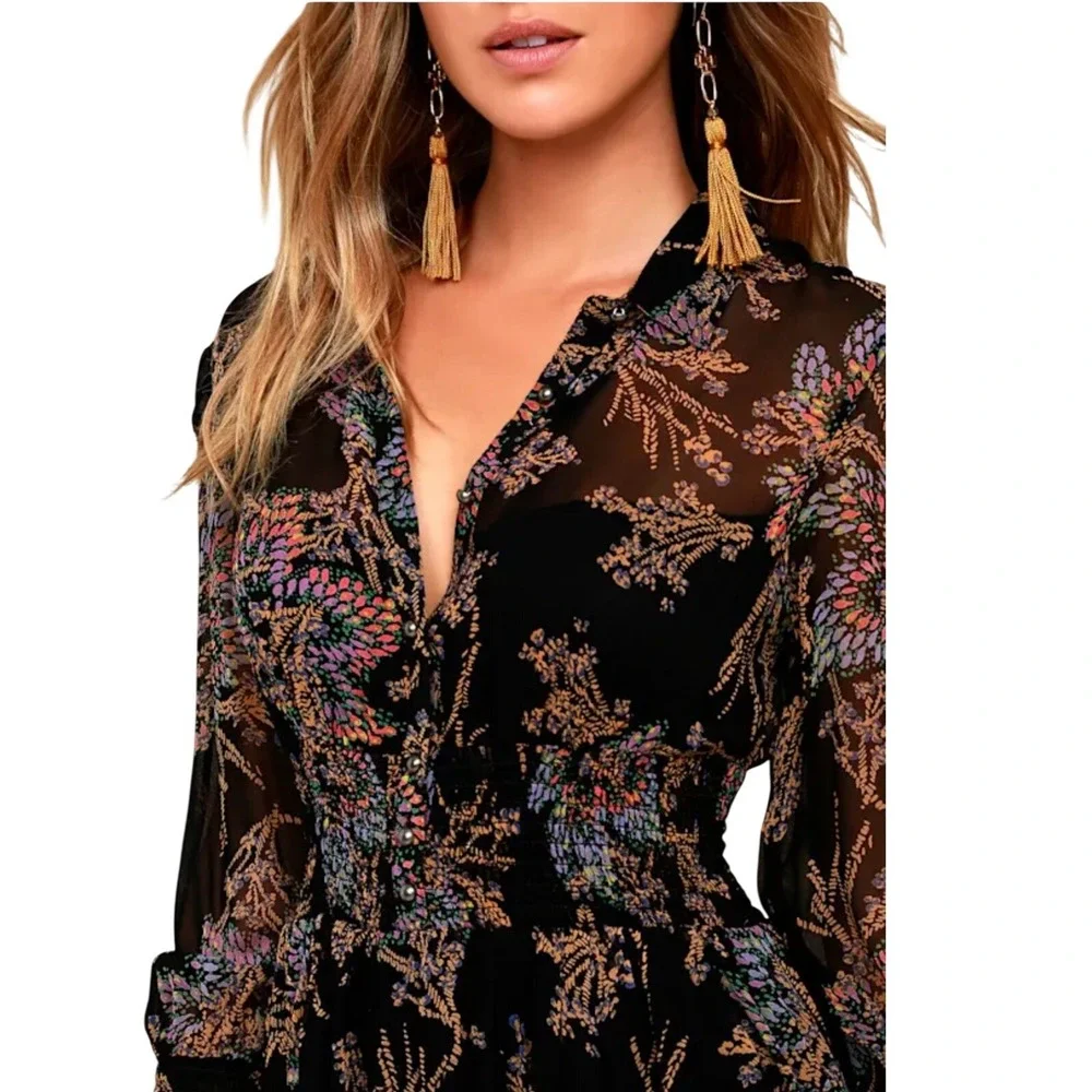 Free People Fake Pretend Black Floral Print Long Sleeve Mini Dress Smocked Waist